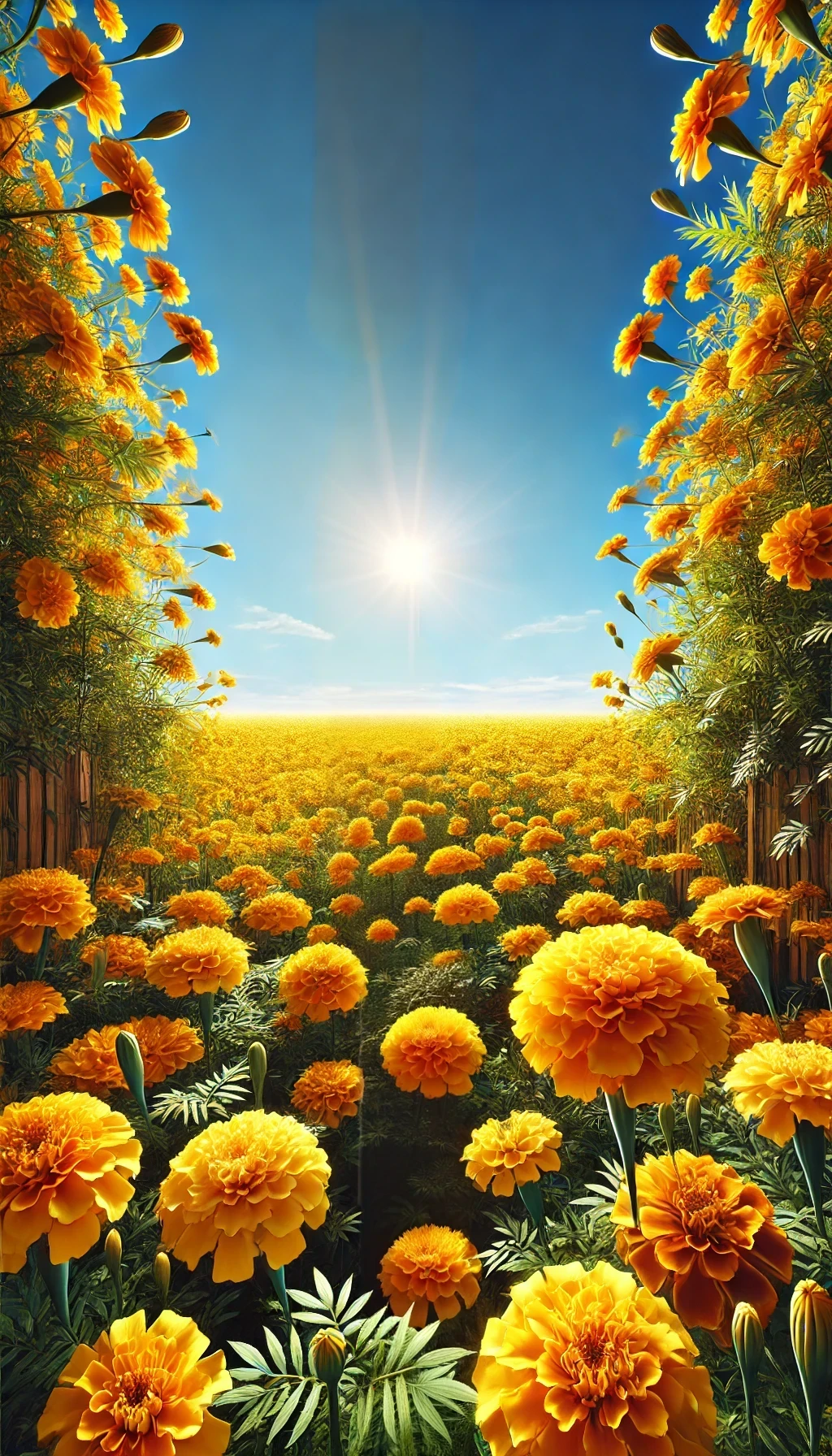 a field of marigold flowers and a bright blue sky